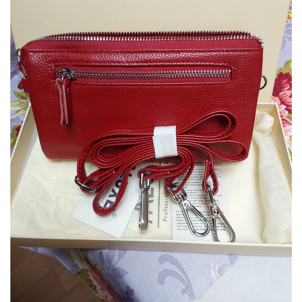 New Ladies Wallet Wristlet by Yaluxe Red Leather Clutch in Box w/ Shoulder Strap